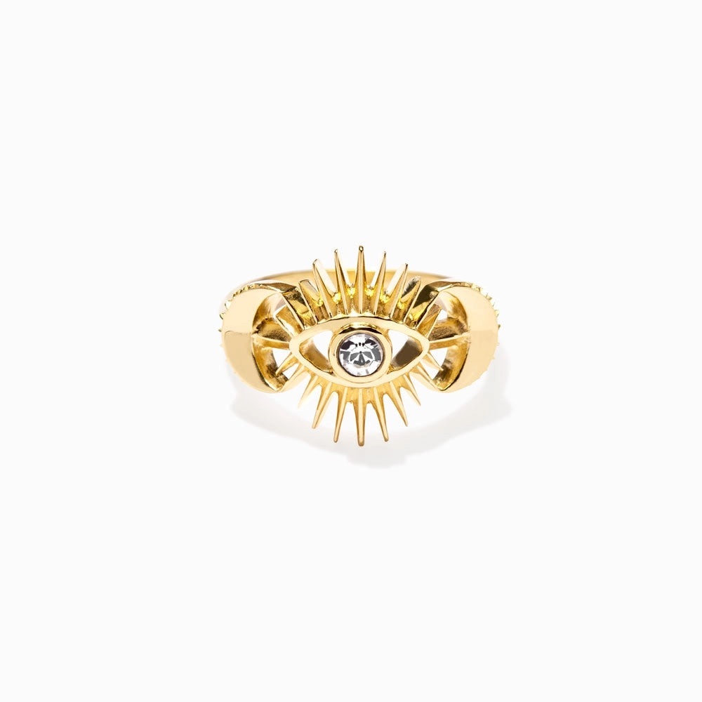 AWE INSPIRED 14K Gold Vermeil Celestial Evil Eye Sun White Topaz Bohemian Ring 4 - Picture 2 of 9